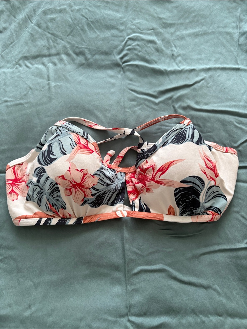 Roxy Floral V-Neck Triangle Bikini Swim Top - White / Pink Size S